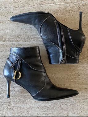 Dior Black Leather Pointed-Toe Stiletto Ankle Boots with Gold D Charm